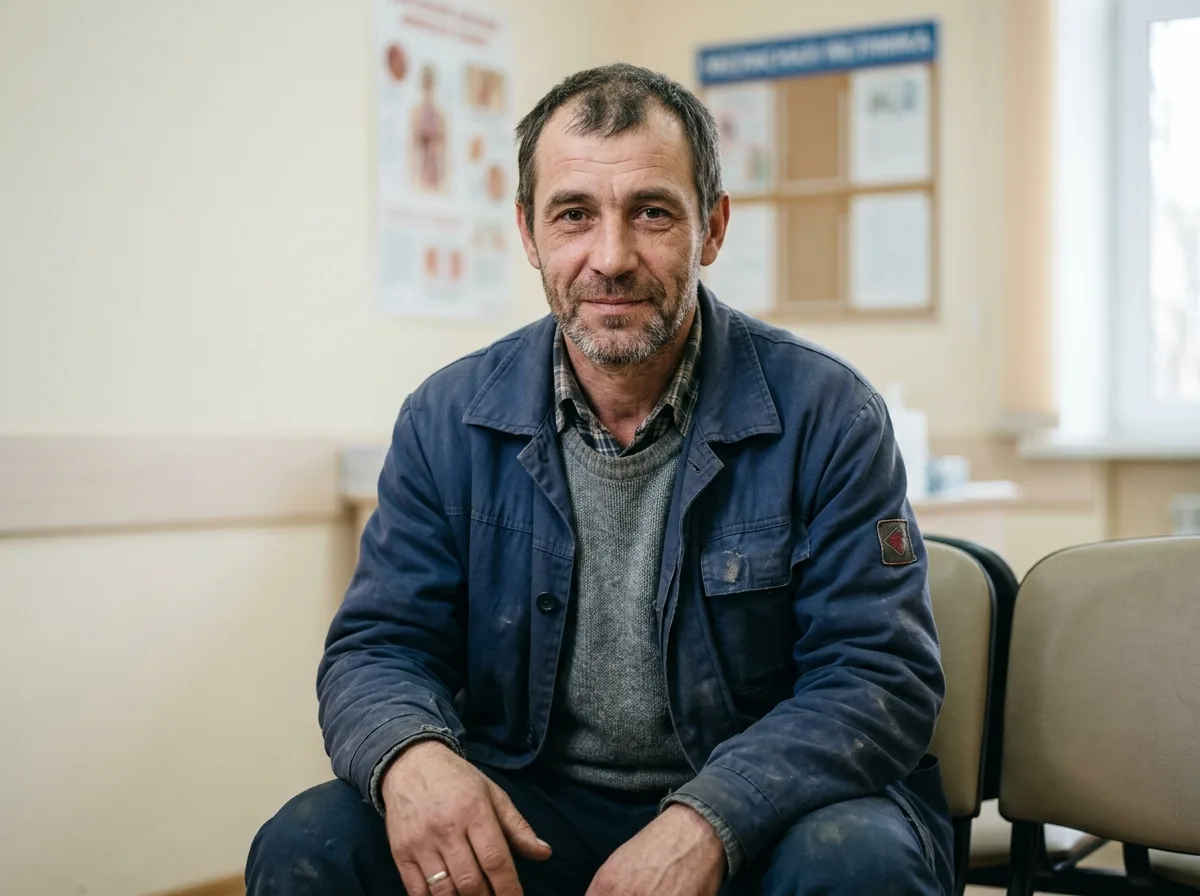 Аватар пациента — мужчина 41 год, внешность рабочего человека, нейтральный фон